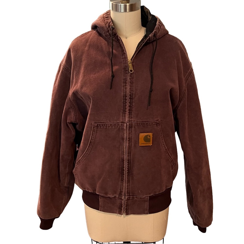 Carharrt hooded duck quilted lining work wear jacket vintage J06BRG Medium
